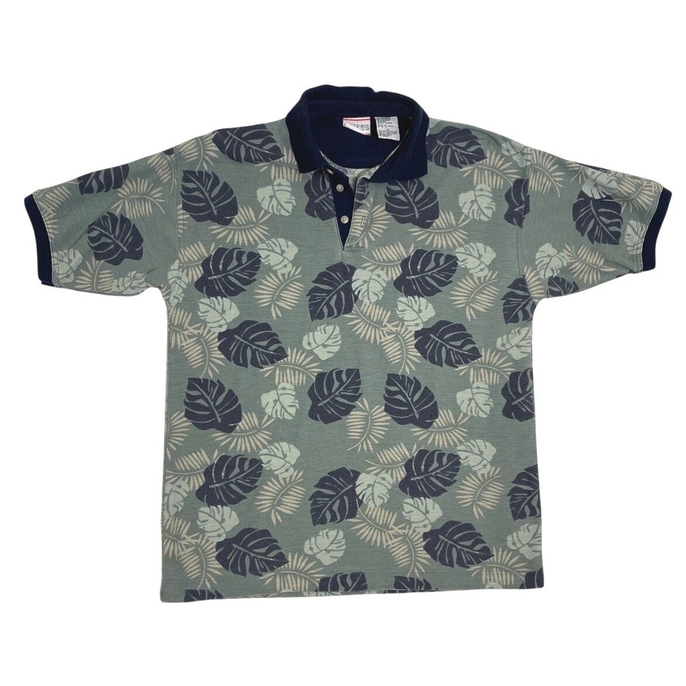 Bugle Boy Mens Vintage Tropical Leaf Print Polo Shirt Green Navy Blue Size M